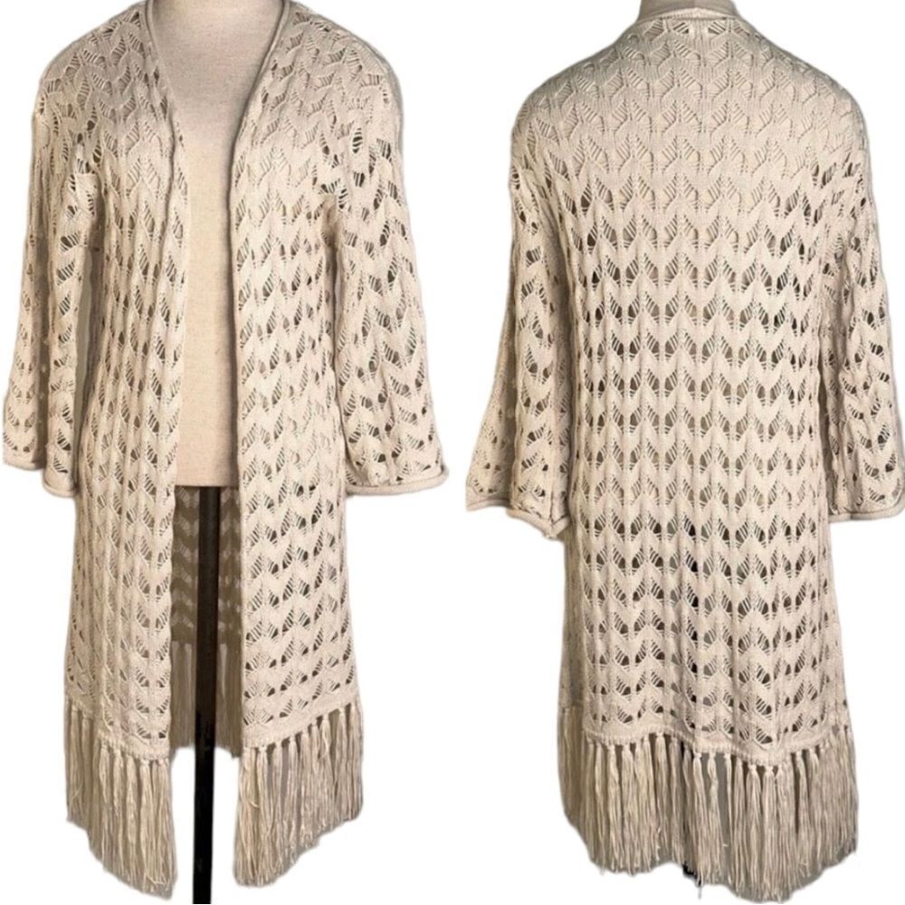 Forever 21 Womens M Cream Boho‎ Crotchet Open Knit Fringe Trim Duster Cardigan
